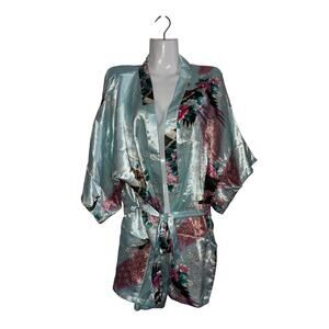 Floral Short Peacock Kimono Robe Blue Teal Satin Fabric Bridesmaid Bride
